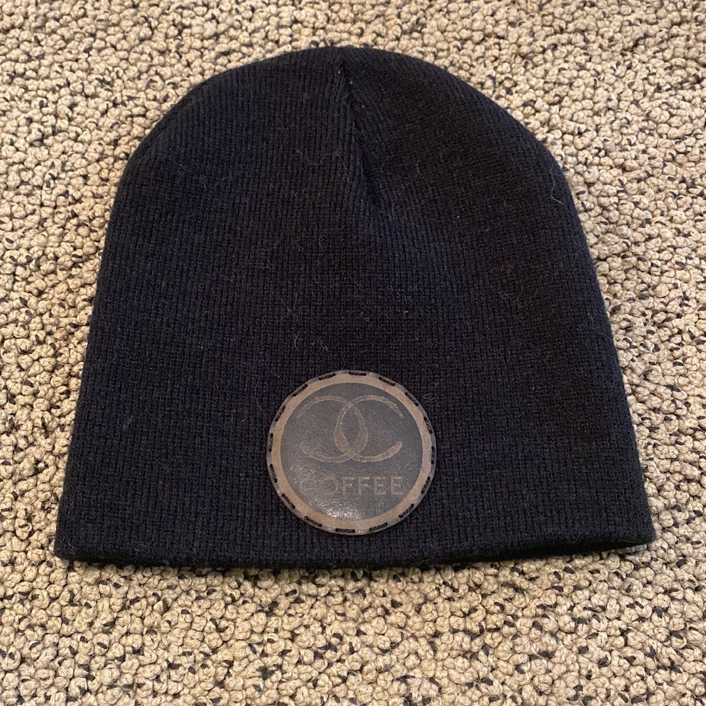 NWOT Inspired Leather Patch Knit Black Beanie with Rhinestone Heart